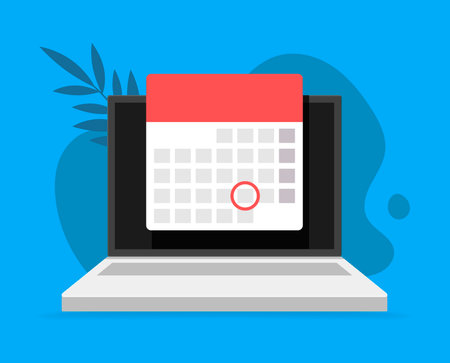Laptop computer with calendar, on backdrop scribble and leaves. Vector flat illustrations. Online planner app on laptop display with event date reminder front view.のイラスト素材