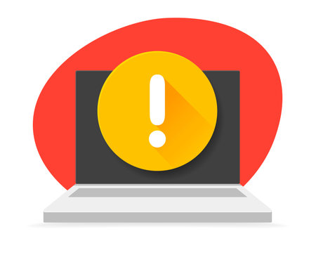 Laptop icon with exclamation point on screen. Vector flat illustrations. Notification. Message with exclamation mark. Warning, alert, critical error concepts.の写真素材