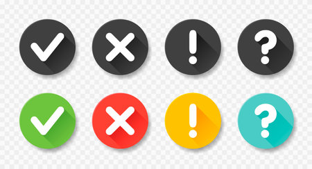 Collection round buttons with sign done, error, question mark, exclamation point. Vector flat illustrations. Set black and colorful badges for website and mobile apps isolated on white.のイラスト素材