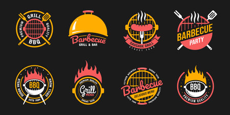 Barbecue and grill labels, badges,  and emblems. Set vector illustrations. Steak house. Steak house restaurant menu design elements flyer or poster on black backdrop.のイラスト素材