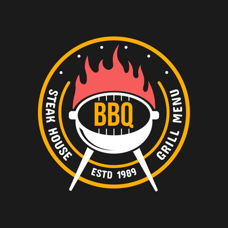 Barbecue and grill label, badge, logo and emblem. vector illustrations. Steak house. Steak house restaurant menu design elements flyer or poster on black backdrop.のイラスト素材