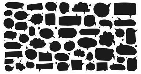 Big set of dialog boxes different variants drawn by hand. Vector flat illustrations. Collection black doodle for talk, dialogue, decoration on white background.のイラスト素材