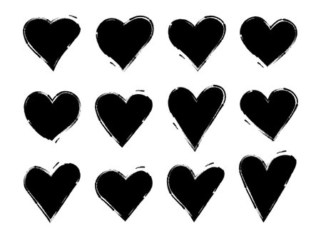 Hearts grunge hand drawing graphic black ink brush set. vector illustrationのイラスト素材