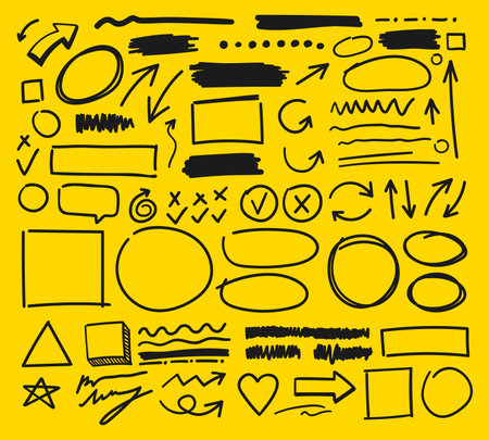 Set curve lines, pointers and geometrics doodles. Vector flat illustrations. Collection of simple doodle lines, curves, frames and spots. Doodle borders. Hand-drawn sketch isolated on yellow.のイラスト素材