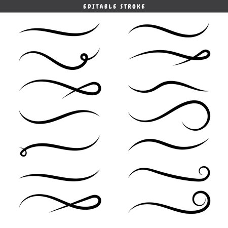 Set of swirling lines and calligraphic elements. Vector flat illustrations. Doodle dividers. Decorative black elements for calligraphic design.のイラスト素材