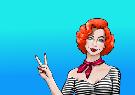 Vector illustration pop art girl showing Victory signのイラスト素材