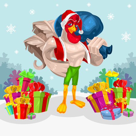 Color illustration of a rooster standing in attire of Santa Claus. Cock symbol 2017 yearのイラスト素材