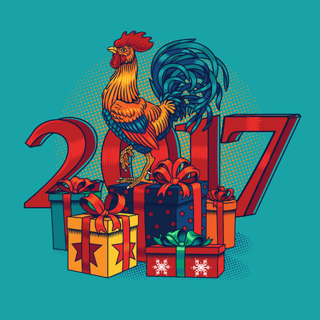 Vector color illustration of a rooster standing on gifts. Cock symbol 2017 yearのイラスト素材