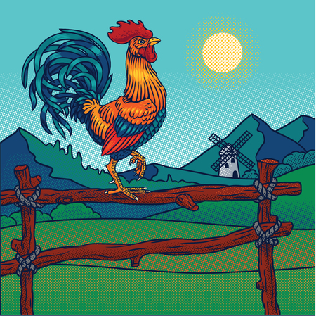 Vector color illustration of a rooster standing on the fence. Cock symbol 2017 yearのイラスト素材