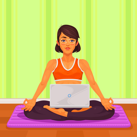 Vector illustration of a girl yoga in the lotus position. The girl is engaged in yoga and is working at a laptop.のイラスト素材
