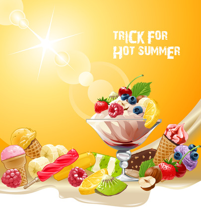 Vector background delicious ice cream with strawberries, raspberries, blueberries, banana, kiwi, lemon, nuts and chocolateのイラスト素材