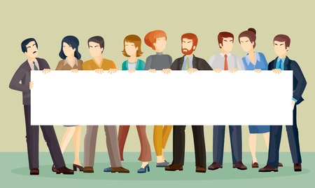 Vector flat illustration of people holding a banner in his hands. Advertising Space.のイラスト素材