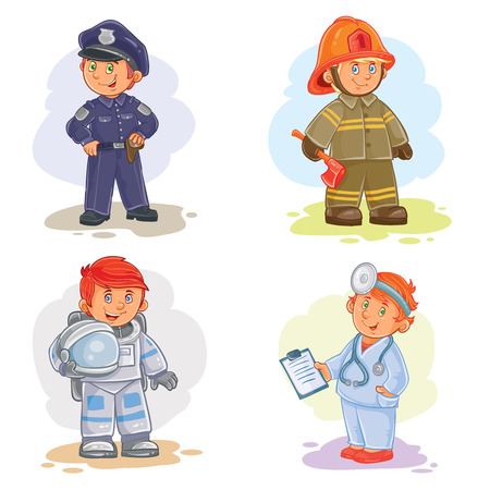 Set of vector icons of small children police, firefighter, astronaut, doctorのイラスト素材
