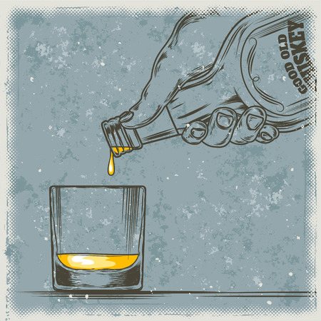 Vector illustration of whiskey being poured from a bottle into a glassのイラスト素材