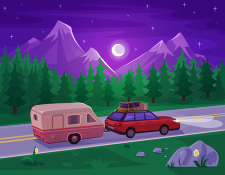 Vector illustration of a mountain landscape with coniferous forest and the car in the foregroundのイラスト素材