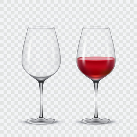 Set transparent vector wine glasses empty and red wine.のイラスト素材