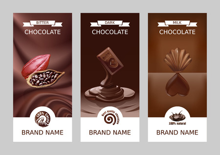Set realistic vector vertical banners with milk, dark and bitter chocolateのイラスト素材