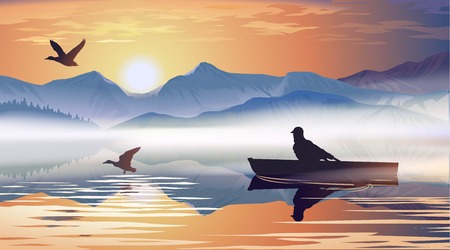 Vector illustration of a man floating in a boat on the lakeのイラスト素材