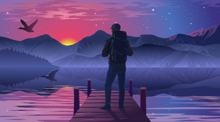 Vector illustration of a man on the pier admiring the sunsetのイラスト素材