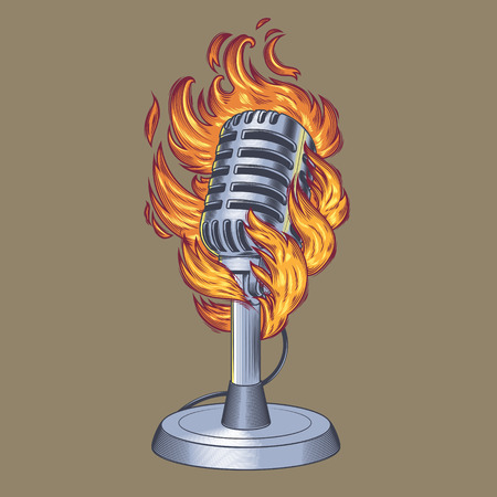 Vector illustration old microphone in flames, flaming microphoneのイラスト素材