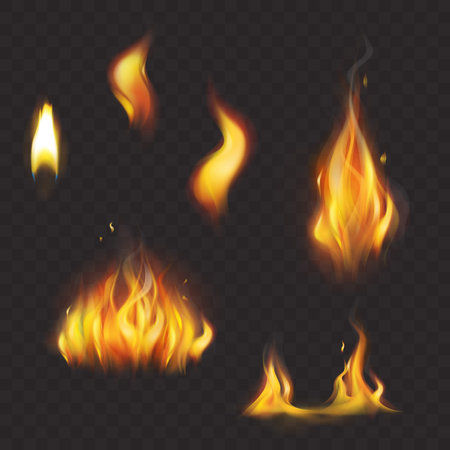 Set of vector colorful realistic flame tongues isolated on a dark plaid background. Collection of light effects, elements for design and decorationのイラスト素材