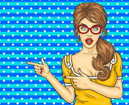 Vector illustration of a sexy pop art girl pointing at somethingのイラスト素材