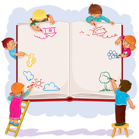 Happy children together draw on a large sheet of bookのイラスト素材
