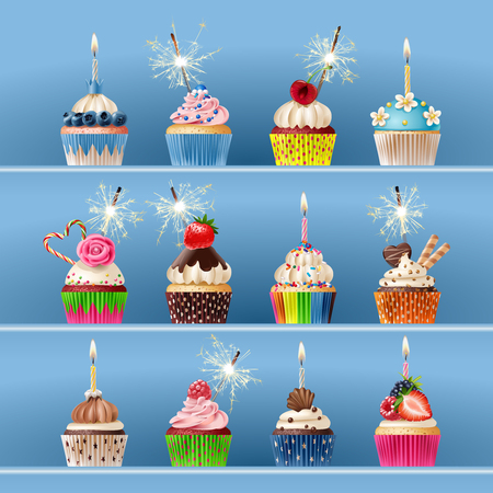 Collection of festive cupcakes with sparklers and candles.のイラスト素材