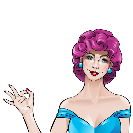 Pop art girl showing OK sign on a white background.のイラスト素材
