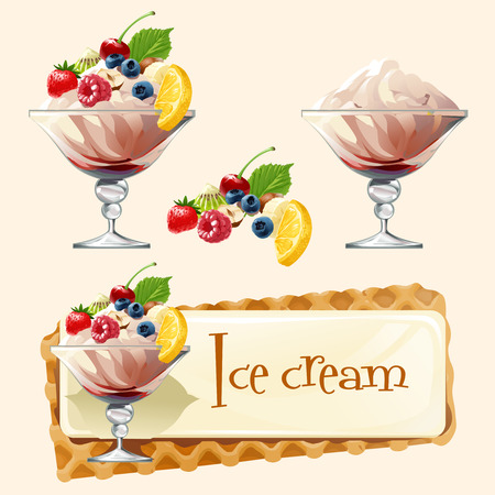 Banner with ice cream with fruit toppings.のイラスト素材