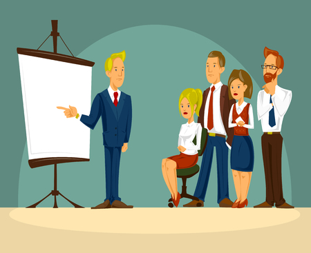 Vector cartoon illustration of a smart businessman in the office a presentationのイラスト素材
