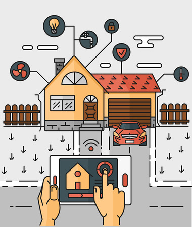 Line art abstract illustration home, controlling through internet home work equipment.のイラスト素材