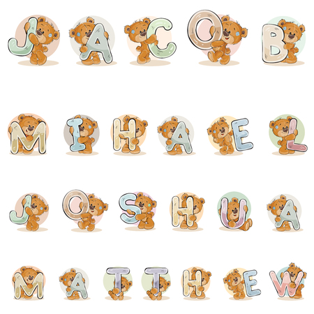 Names for boys Jacob, Mihael, Joshua, Matthew made decorative letters with teddy bearsのイラスト素材