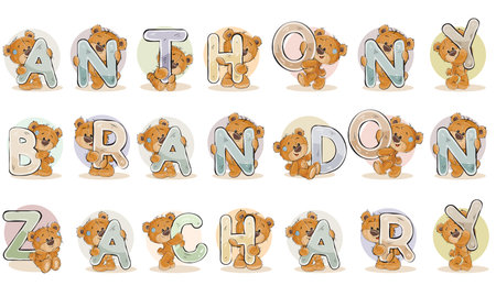 Names for boys Anthony, Brandon, Zachary made decorative letters with teddy bearsのイラスト素材