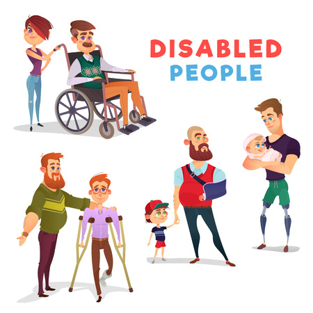 Set of vector cartoon illustrations of people with disabilities isolated on white.のイラスト素材