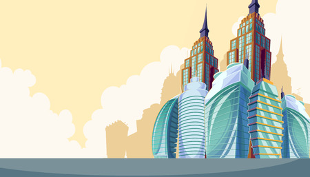 Vector cartoon illustration of an urban landscape with large modern buildings.のイラスト素材