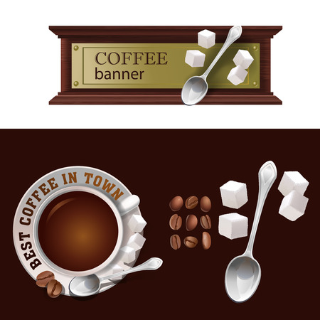 Set of vector banner, badge, sticker with icon coffee cup and scoopのイラスト素材