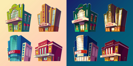 Set of vector isometric illustration of buildings cinema in cartoon styleのイラスト素材