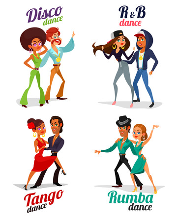 Set vector cartoon illustrations of a couples dancing tango, rumba, disco and hip hop isolated on white background. Element for the advertising poster of the school of dance, competitions in dancesのイラスト素材