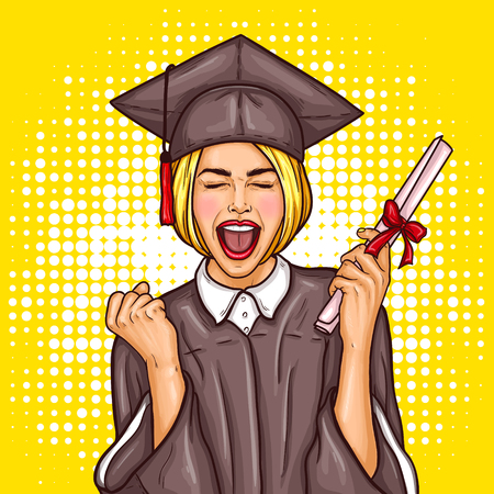 Vector pop art illustration of an excited young girl graduate student in a graduation cap and mantle with a university diploma in her hand. The concept of celebrating the graduation ceremonyのイラスト素材