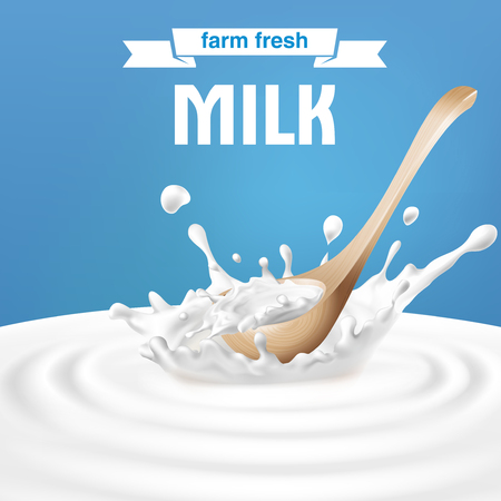 Vector illustration of a wooden spoon in the center of a dairy splash. A great advertising poster in a realistic style for natural high-quality milkのイラスト素材