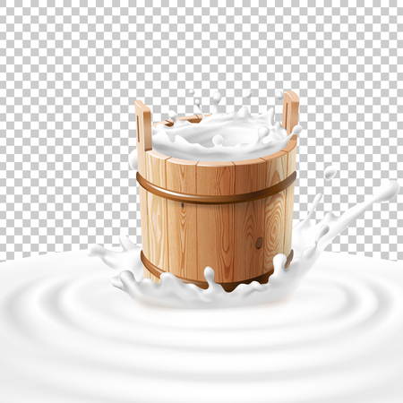 Vector illustration of a wooden bucket with milk standing in the center of a dairy splash. Template advertising poster in a realistic style for natural high-quality milkのイラスト素材