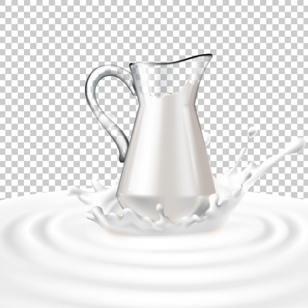Vector illustration of a glass jug with milk standing in the center of a dairy splash. Template advertising poster in a realistic style for natural high-quality milkのイラスト素材