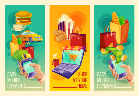 Three vector cartoon illustrations with devices for e-payments mobile phones, laptop.のイラスト素材