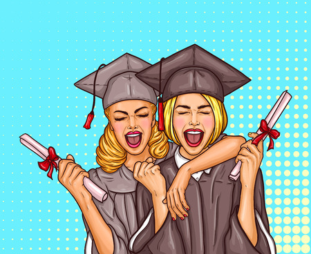 Vector pop art illustration of a two excited young girls graduate student.のイラスト素材