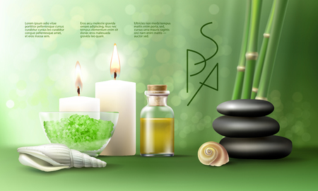 Vector illustration of a realistic style, set for spa treatments with aromatic salt , massage oil, candles on the background of bamboo shoots. Excellent green advertising poster for the spa salon.のイラスト素材