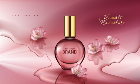 Vector illustration of a realistic style perfume in a glass bottle on a pink background with sakura flowers. Great advertising poster for promoting a new fragranceのイラスト素材