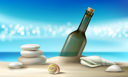 Vector illustration of empty glass bottle lying on a sandy beach with seashells and pebbles against a turquoise tropical sea and sky.のイラスト素材