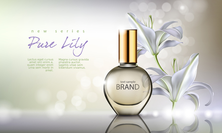 Vector illustration of a realistic style perfume in a glass bottle on a background with luxurious white lily. Great advertising poster for promoting a new fragranceのイラスト素材