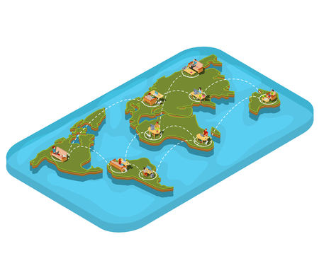 Vector isometric illustration of men and women working on a computer and laptop at home while being in different countries of the world. Concept illustration on the theme of freelancing workのイラスト素材